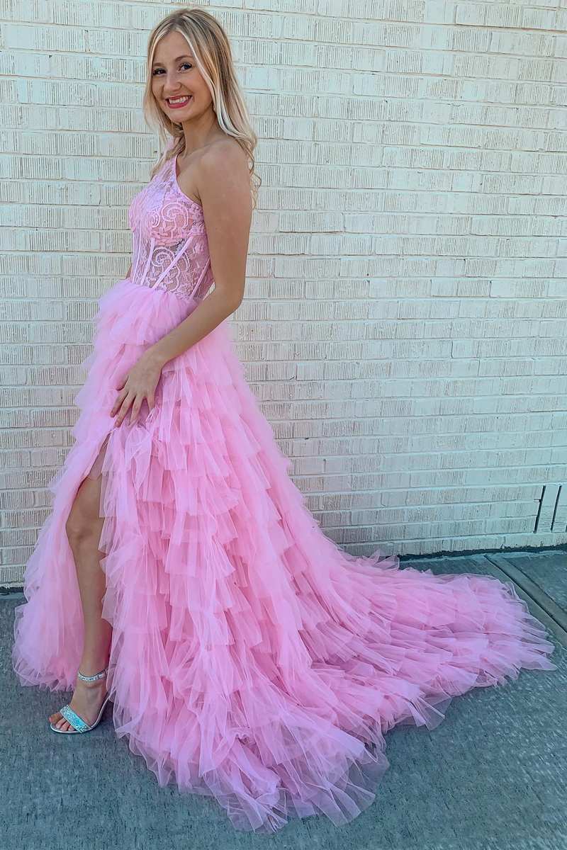 Black Lace One Shoulder Multi-Tiered A-line Ball Gown with Ruffles Pro SELINADRESS Black Lace One Shoulder Multi-Tiered A-line Ball Gown with Ruffles Pro SELINADRESS