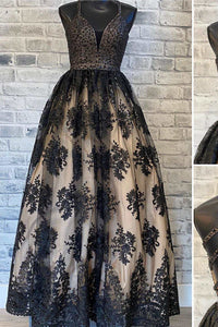 Glamorous Black Floral Lace Cutout Back Prom Gown Beaded Prom Dress #QWE009