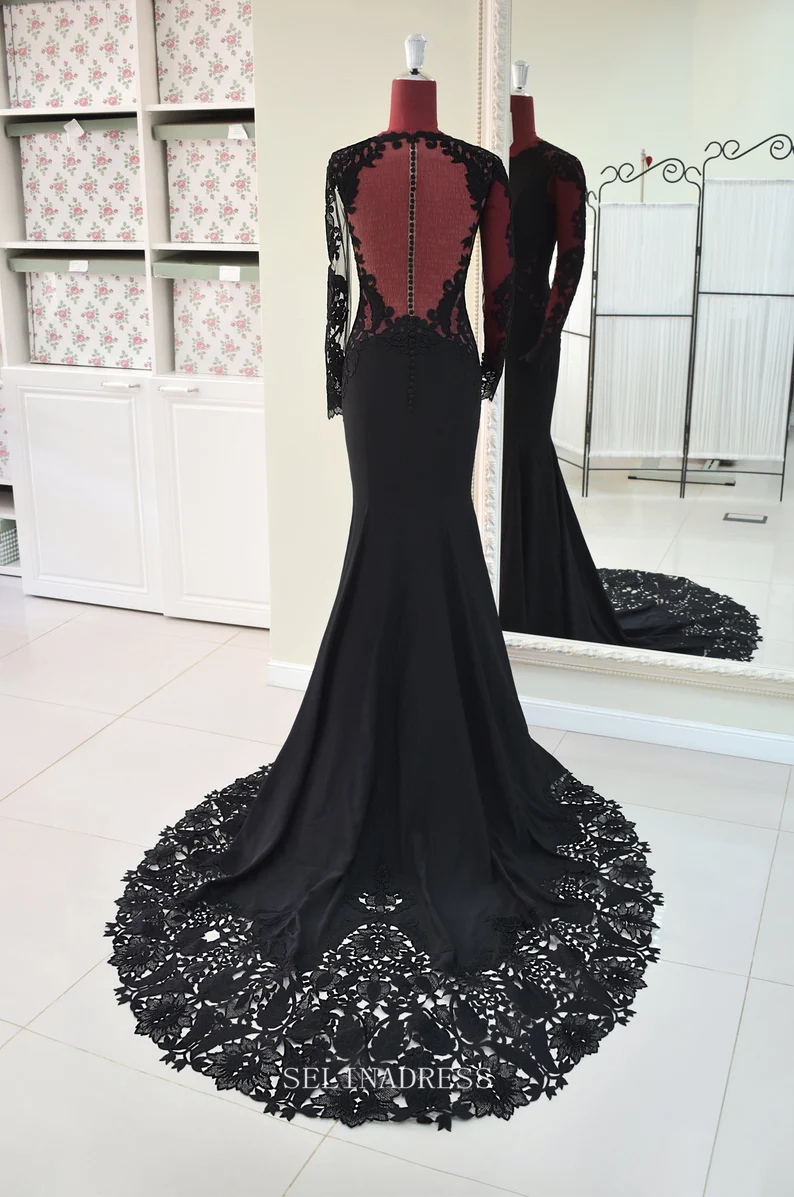 Black Lace Wedding Dress Mermaid High Neck Wedding Dress See Through B SELINADRESS Black Lace Wedding Dress Mermaid High Neck Wedding Dress See Through B SELINADRESS