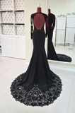 Black Lace Wedding Dress Mermaid High Neck Wedding Dress See Through Black Bridal Gown GRSD005|Selinadress