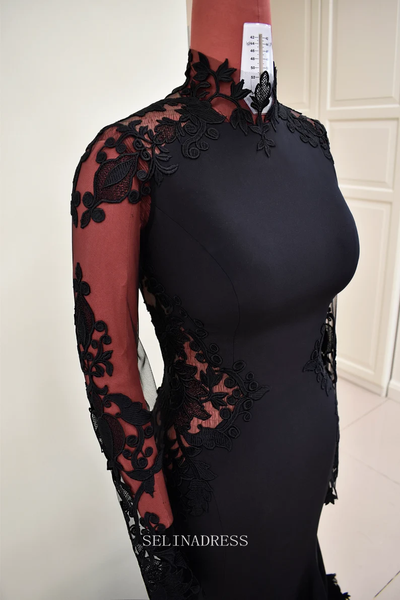 Black Lace Wedding Dress Mermaid High Neck Wedding Dress See Through B SELINADRESS Black Lace Wedding Dress Mermaid High Neck Wedding Dress See Through B SELINADRESS