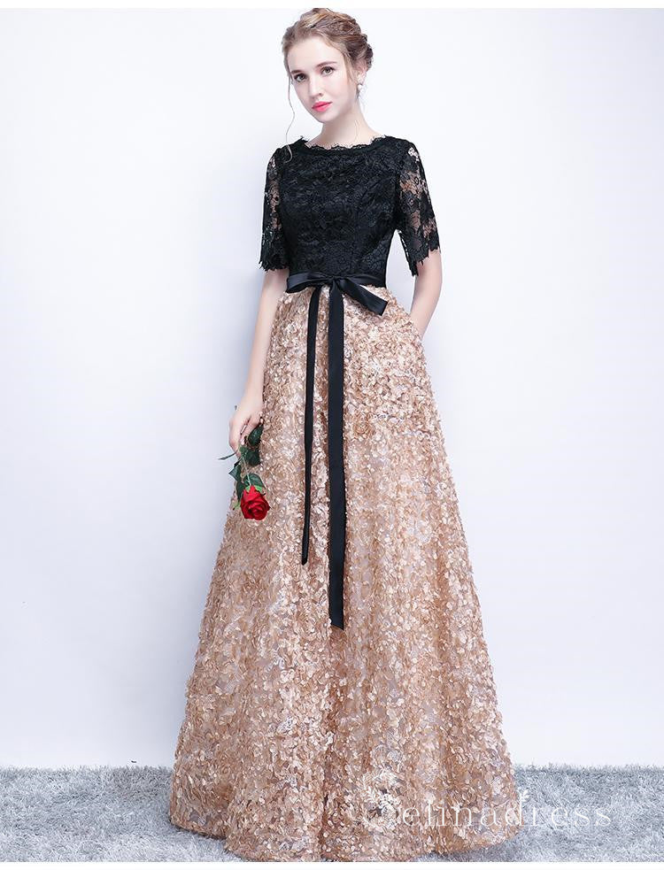 Black Long Prom Dresses A-line Half Sleeve Long Prom Dress Lace Evening ...