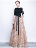 Black Long Prom Dresses A-line Half Sleeve Long Prom Dress Lace Evening Dress SED130