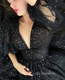 Black Long Prom Dresses A-line V neck Long Evening Dress Formal Dresses SSD004|Selinadress