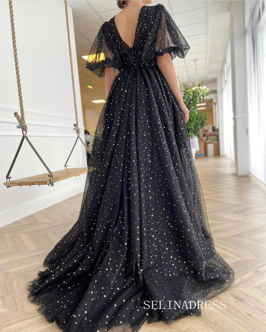 black a line formal dress Black Long Prom Dresses A-line V neck Long Evening Dress Formal Dresse – SELINADRESS
