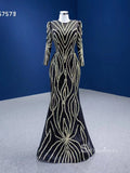Black Scoop Long Sleeve Beaded Long Prom Dresses Satin Evening Gowns RSM67573|Selinadress