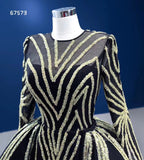 Black Scoop Long Sleeve Beaded Long Prom Dresses Satin Evening Gowns RSM67573|Selinadress