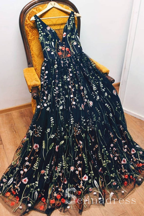 Black V neck Boho Long Prom Dresses With Floral Beautiful Formal Evening Gowns SED077|Selinadress
