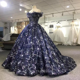 Blue Feather Off Shoulder Plus Size Sequins Ball Gown Elegant Evening Gowns LS9776 Selinadress