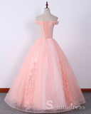 Blush Pink Long Prom Dresses Ball Gown Off-the-shoulder Lace Formal Evening Gowns SED119