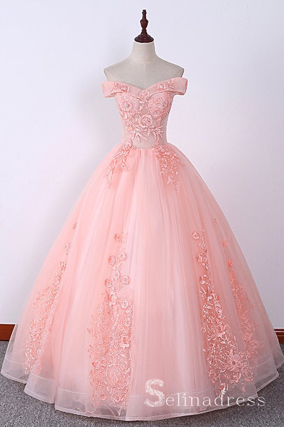 Elegant Pink Ball Gown Prom Dress With Lace Appliques OKO90 – Okdresses