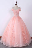 Blush Pink Long Prom Dresses Ball Gown Off-the-shoulder Lace Formal Evening Gowns SED119