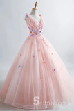 Blush Pink Princess Ball Gown 3D Floral Prom Dresses V-neck Boho Quinceanera Dress SED084
