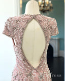 Blush Pink Sparkly Long Prom Dresses With Sleeve V neck Beaded Custom Evening Dress SED099