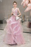 Blushing Pink Prom Dresses Floor-Length Long Cascading Ruffles Lace Formal Dresses #SED204 | Selinadress