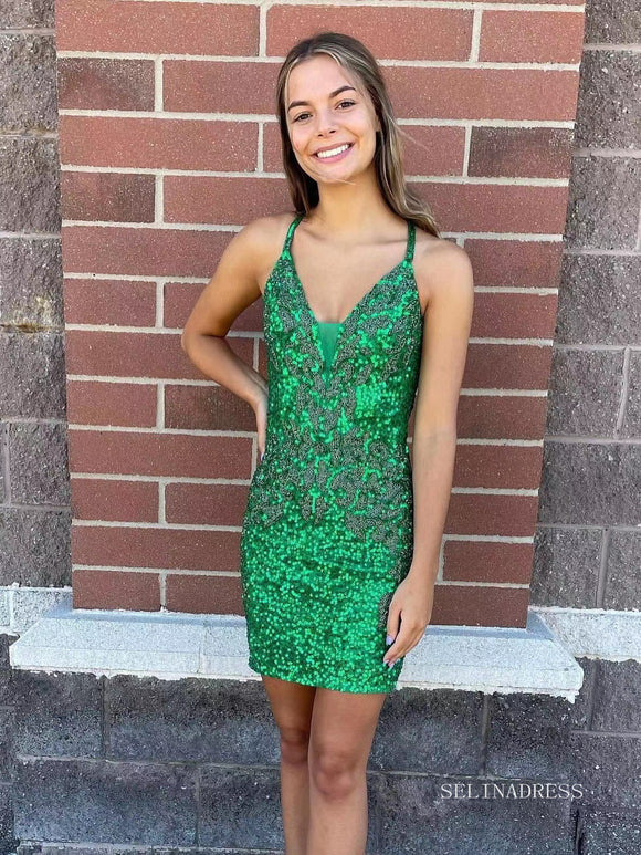 Bright Green Sequins Homecoming Dresses 2022 Bodycon Mini Cocktail Dresses #TKL018|Selinadress