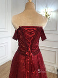 Burgundy A-line Long Prom Dresses Lace Evening Gowns Formal Dress SC019