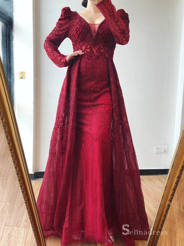 Burgundy A-line Luxury Lace Prom Dress Long Sleeve Beaded Evening Form SELINADRESS Burgundy A-line Luxury Lace Prom Dress Long Sleeve Beaded Evening Form SELINADRESS