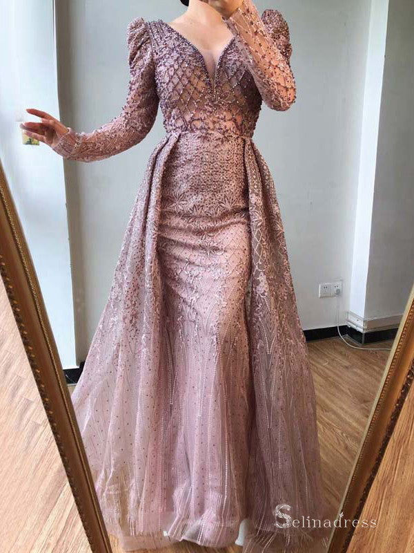 Burgundy A-line Luxury Lace Prom Dress Long Sleeve Beaded Evening Formal Gown SC042 - Us Size 2 / Pink Burgundy A-line Luxury Lace Prom Dress Long Sleeve Beaded Evening Formal Gown SC042 - Us Size 2 / Pink