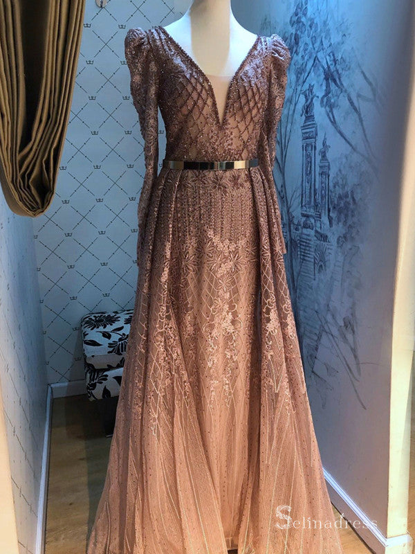 Burgundy A-line Luxury Lace Prom Dress Long Sleeve Beaded Evening Form SELINADRESS Burgundy A-line Luxury Lace Prom Dress Long Sleeve Beaded Evening Form SELINADRESS