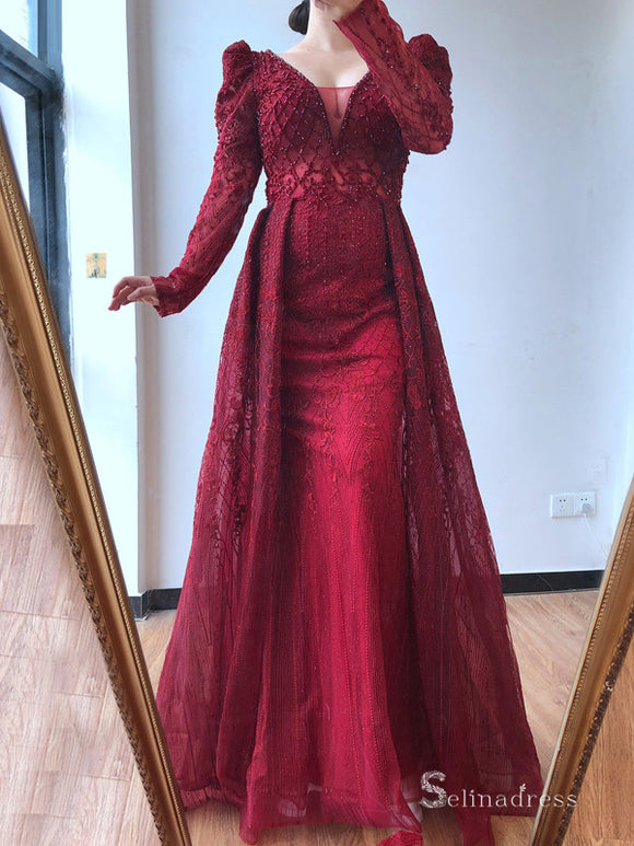 Burgundy A-line Luxury Lace Prom Dress Long Sleeve Beaded Evening Formal Gown SC042
