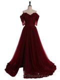 Burgundy A-line Off Shoulder Prom Dresses Custom Made Evening Gowns #SED209