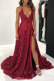 Burgundy Halter Rose Lace Long Prom Dress With Split Formal Evening Dresses #SED178|Selinadress