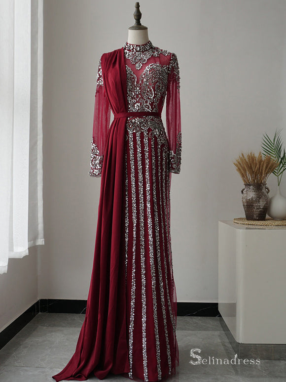 Muslim Prom Dresses, Burgundy Prom Dresses, Long Sleeve Prom Dress, Dubai  Fashion Dress, Lace Appliq on Luulla