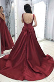 Burgundy Satin Prom Long Dresses with Deep V-neckline FD008