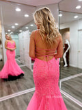 Mermaid Spaghetti Straps Hot Pink Long Prom Dress Lace Formal Dress JKSS19|Selinadress