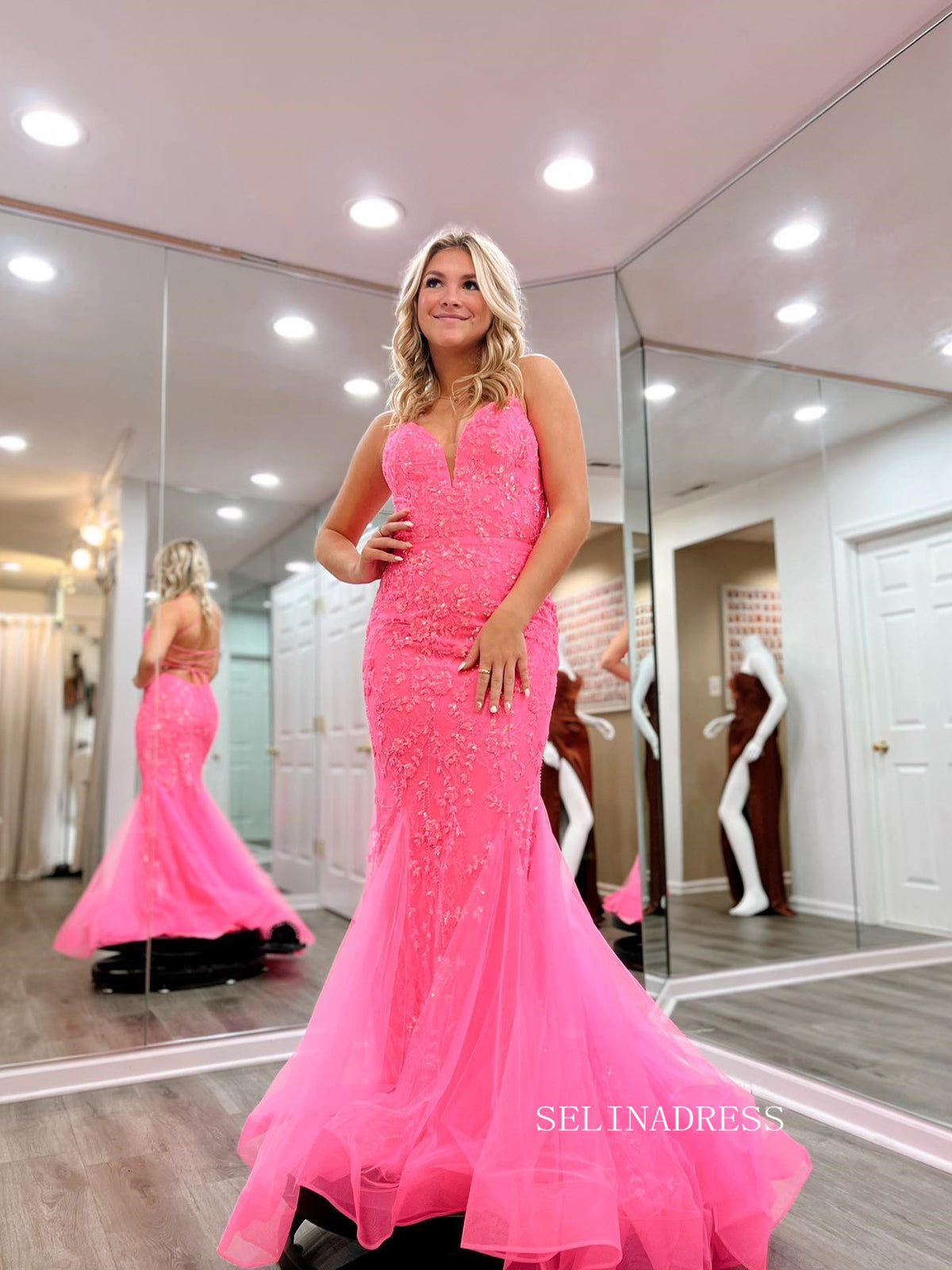Mermaid Spaghetti Straps Hot Pink Long Prom Dress Lace Formal Dress JK SELINADRESS Mermaid Spaghetti Straps Hot Pink Long Prom Dress Lace Formal Dress JK SELINADRESS