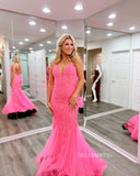 Mermaid Spaghetti Straps Hot Pink Long Prom Dress Lace Formal Dress JKSS19|Selinadress