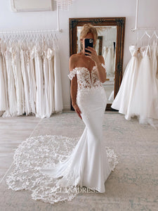 Cathedral Train Appliqued Wedding Dresses Mermaid Satin Wedding Dress KPY070|Selinadress