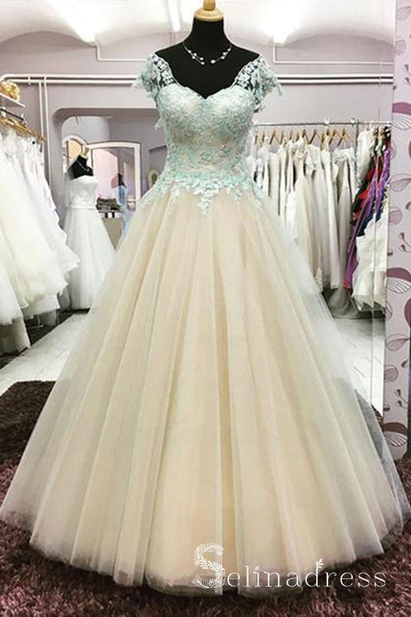 Champagne Ball Gown Quinceanera Mint Lace Cap Sleeve Senior Long Prom Dress Evening Gowns SED051|Selinadress