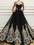 Charming A-Line Black Prom Dresses with Gold Appliques Prom Dress Evening Dress #SED195 | Selinadress