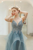 Charming Spaghetti Straps Pool Blue Long Prom Dresses Princess Lace Long Evening Dresses#SED205 | Selinadress