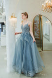 Charming Spaghetti Straps Pool Blue Long Prom Dresses Princess Lace Long Evening Dresses#SED205 | Selinadress