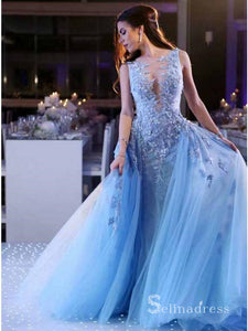 Chic A-line Bateau Light Sky Blue Long Prom Dresses Lace Applique Evening Gowns MHL165|Selinadress