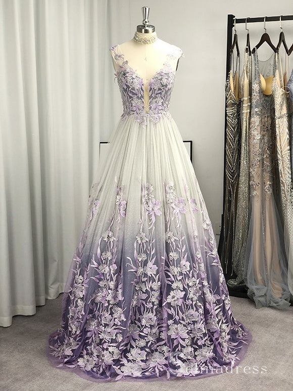 Chic A-line Deep V neck Applique Ombre Long Prom Dresses Backless Evening Dress MHL168|Selinadress