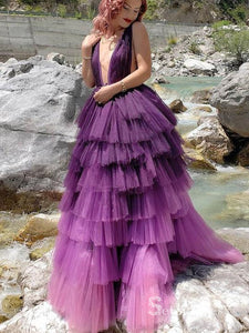 Chic A-line Deep V neck Grape Long Prom Dresses Ombre Evening Gowns MHL159|Selinadress