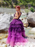Chic A-line Deep V neck Grape Long Prom Dresses Ombre Evening Gowns MHL159|Selinadress