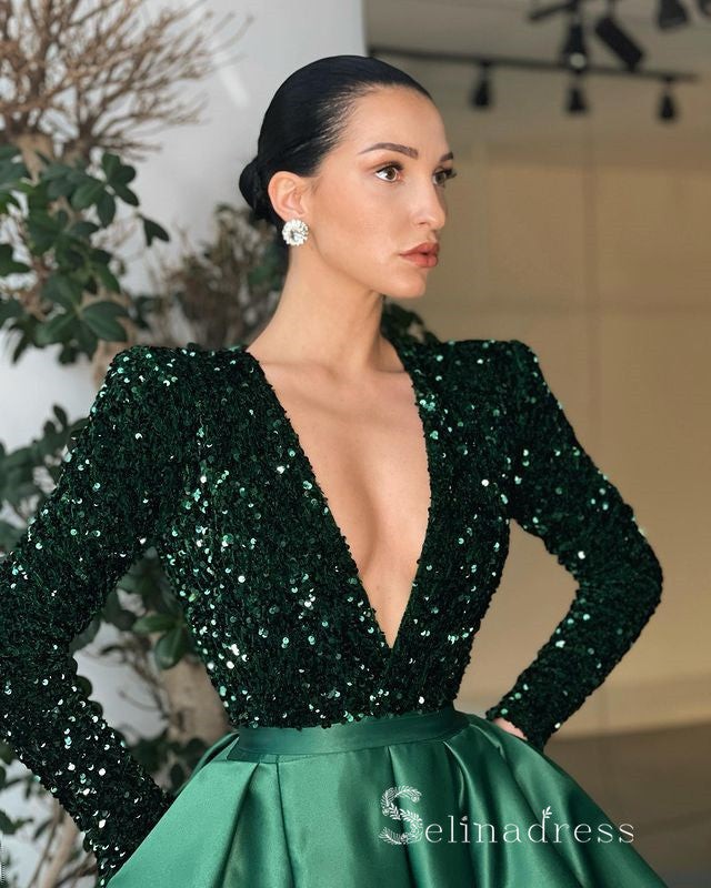 Chic A-line Deep V neck Long Sleeve Prom Dresses Dark Green Sequins Lo SELINADRESS Chic A-line Deep V neck Long Sleeve Prom Dresses Dark Green Sequins Lo SELINADRESS