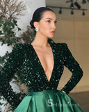 Chic A-line Deep V neck Long Sleeve Prom Dresses Dark Green Sequins Long Evening Gowns MLH0446|Selinadress