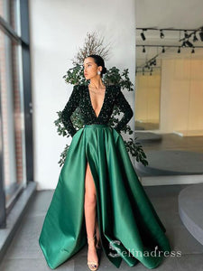 Chic A-line Deep V neck Long Sleeve Prom Dresses Dark Green Sequins Long Evening Gowns MLH0446|Selinadress