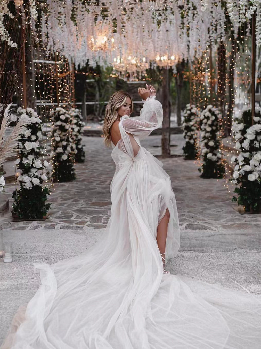 Chic A-line Deep V neck Long Sleeve Tulle Wedding Gowns Court Train We SELINADRESS Chic A-line Deep V neck Long Sleeve Tulle Wedding Gowns Court Train We SELINADRESS