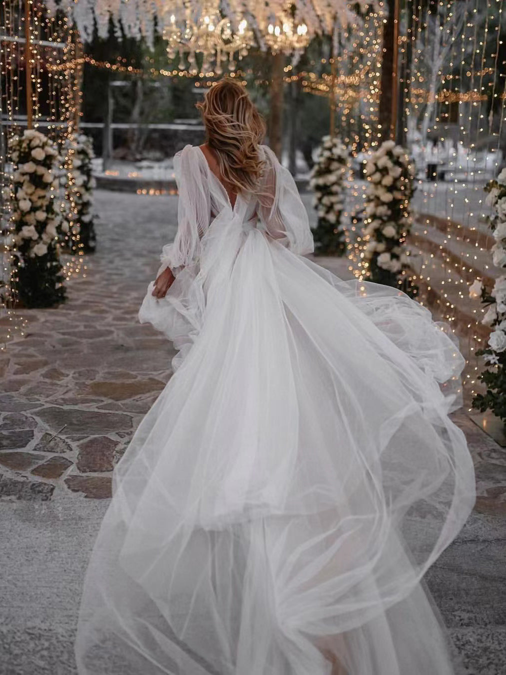 Chic A-line Deep V neck Long Sleeve Tulle Wedding Gowns Court Train We –  SELINADRESS