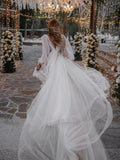 Chic A-line Deep V neck Long Sleeve Tulle Wedding Gowns Court Train Wedding Dresses MLH0500|Selinadress