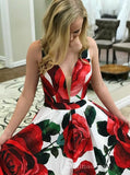 Chic A-line Deep V neck Print Floral Long Prom Dresses Cheap Evening Dress CBD397|Selinadress