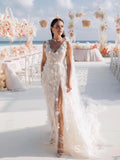 Chic A-line Deep V neck Sleeveless 3D Floral Lace Rustic Wedding Dress HKL0145|Selinadress