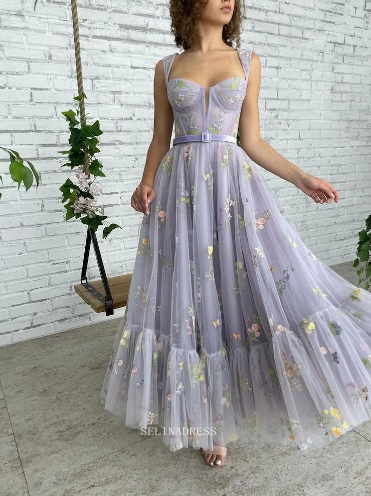 Chic A-line Flower Appliqu Tulle Lilac Prom Dresses Embellished Evenin SELINADRESS Chic A-line Flower Appliqu Tulle Lilac Prom Dresses Embellished Evenin SELINADRESS